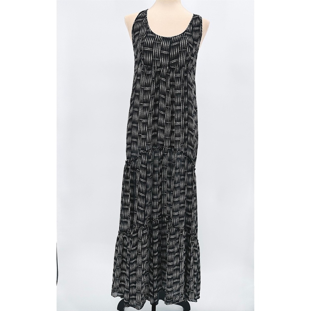 100% Silk‎ Black White Geometric Print Tiered Racerback Maxi Dress Small Sheer